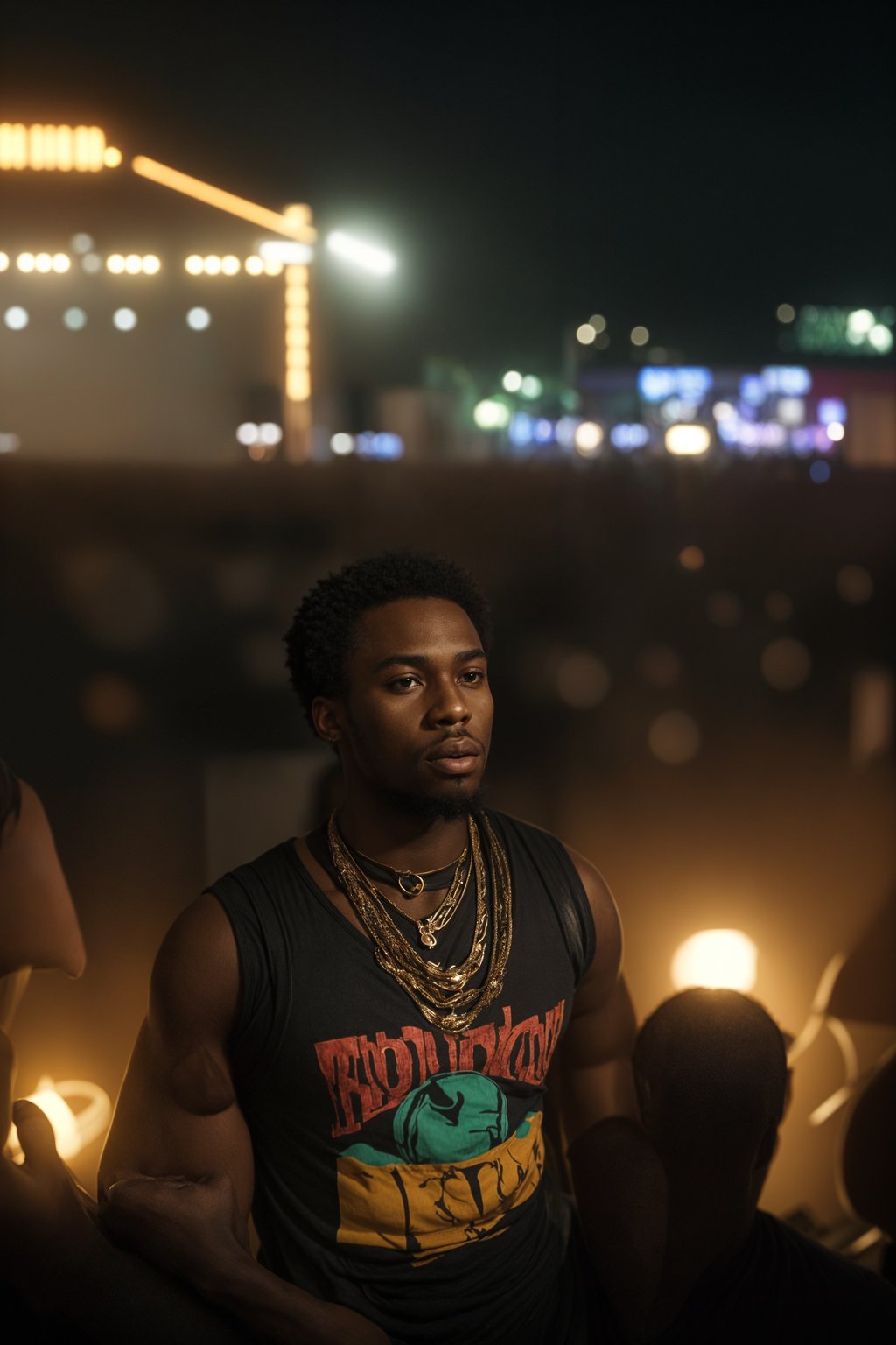 a stunning man surrounded by  a crowd of fellow festival-goers, capturing the sense of community and celebration at the festival