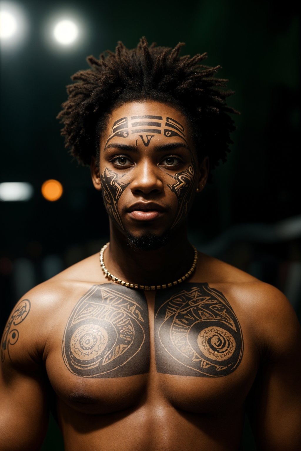 a man with  a tribal face paint design, adding an element of tribal and cultural inspiration to their festival look