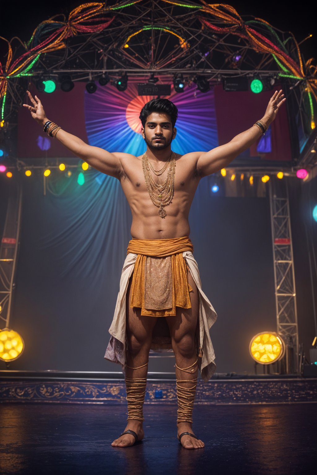 an incredibly attractive man in a festival outfit, embracing the festival vibes and posing against a backdrop of colorful stage lights and decorations