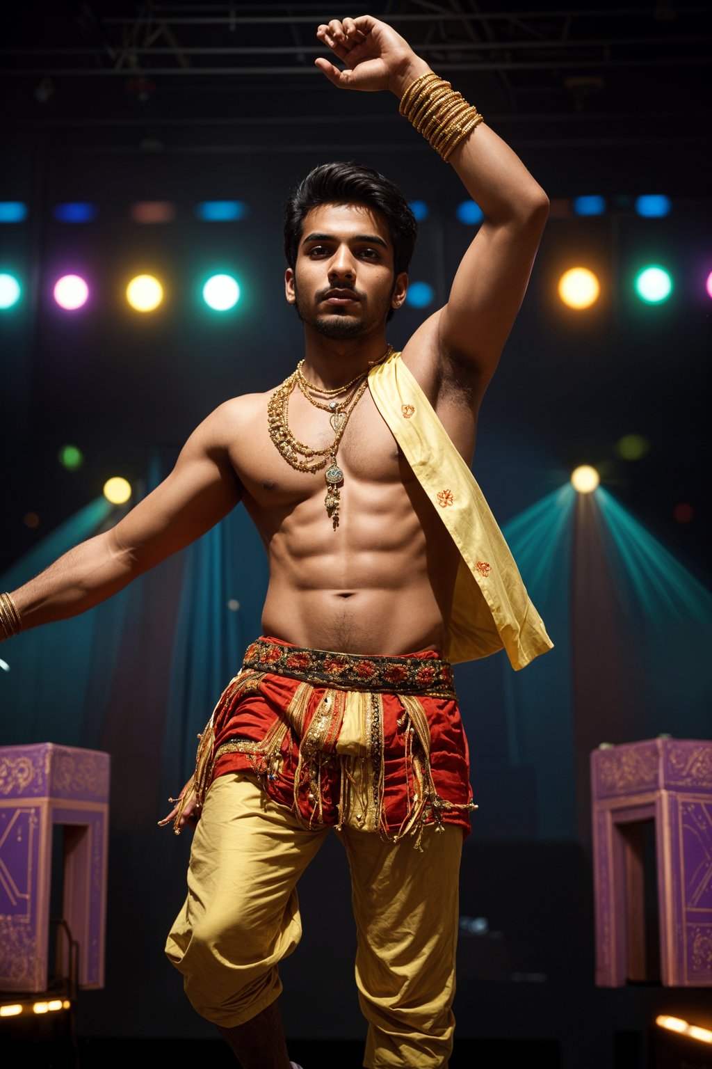 an incredibly attractive man in a festival outfit, embracing the festival vibes and posing against a backdrop of colorful stage lights and decorations