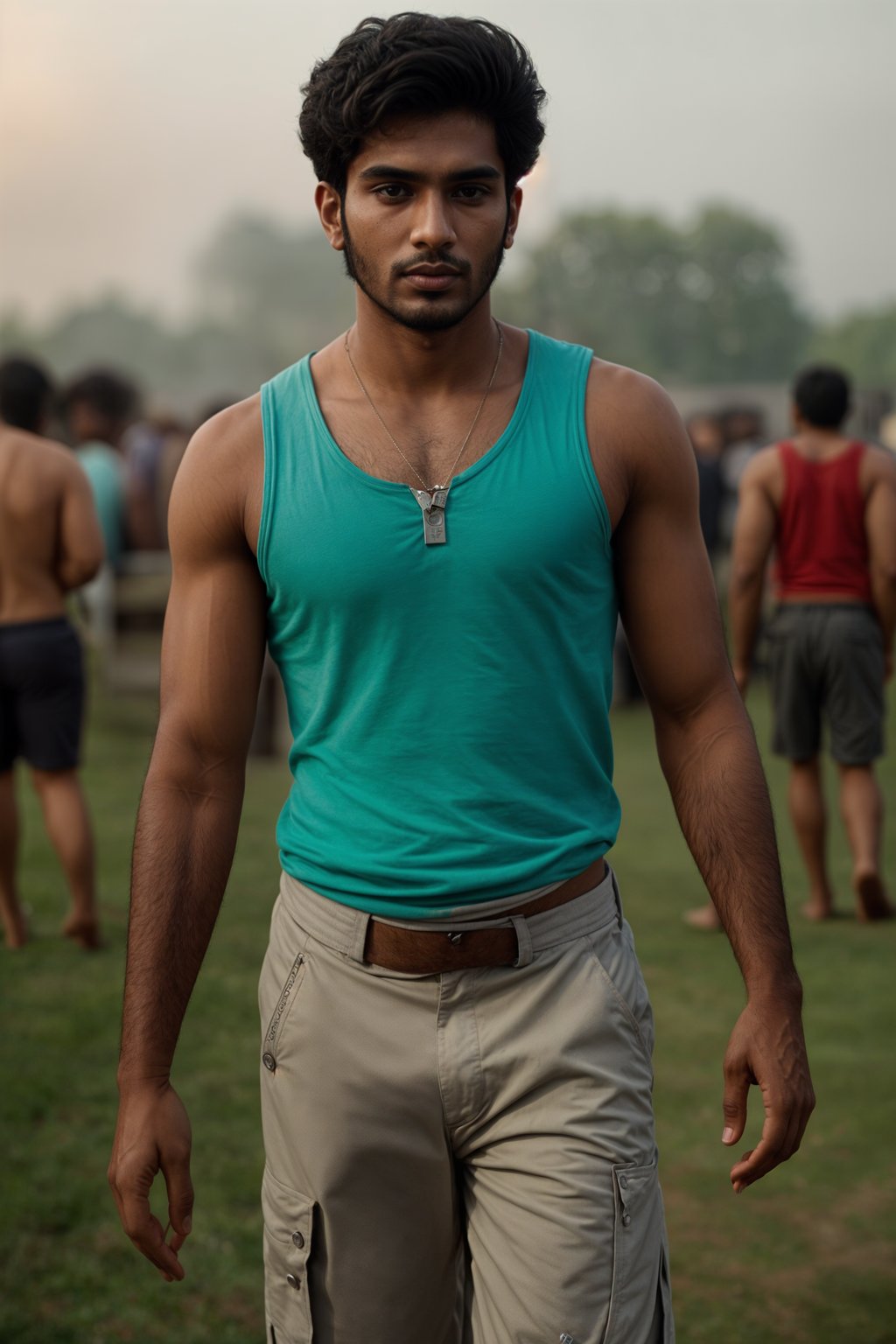 a man in  a sleeveless shirt and cargo pants, embodying the free-spirited and carefree nature of a music festival