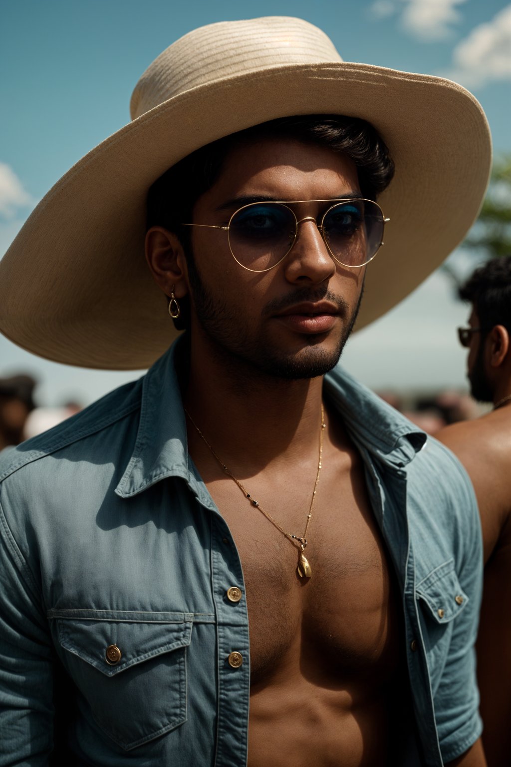 a stunning man with  a stylish hat and sunglasses, capturing the essence of festival fashion and individuality