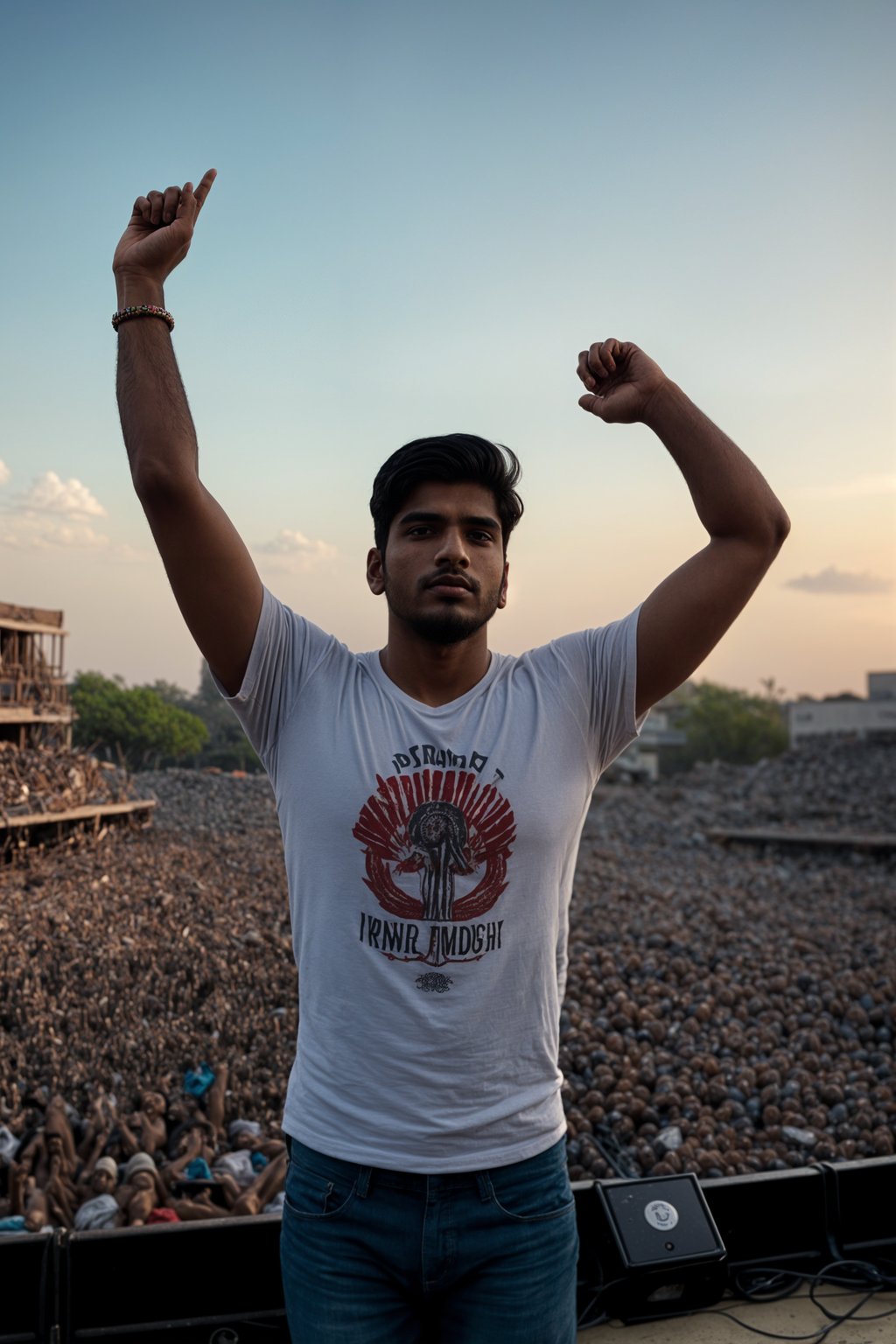 a man enjoying the live music on a sunny day, surrounded by  energetic fans and raising their hands in excitement