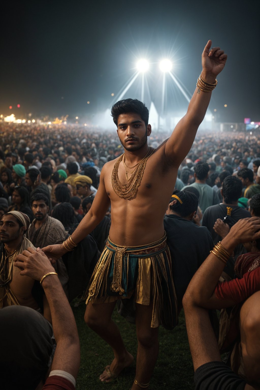 a man in a festival-inspired outfit, dancing with  a crowd of fellow festival-goers, capturing the energetic and lively atmosphere