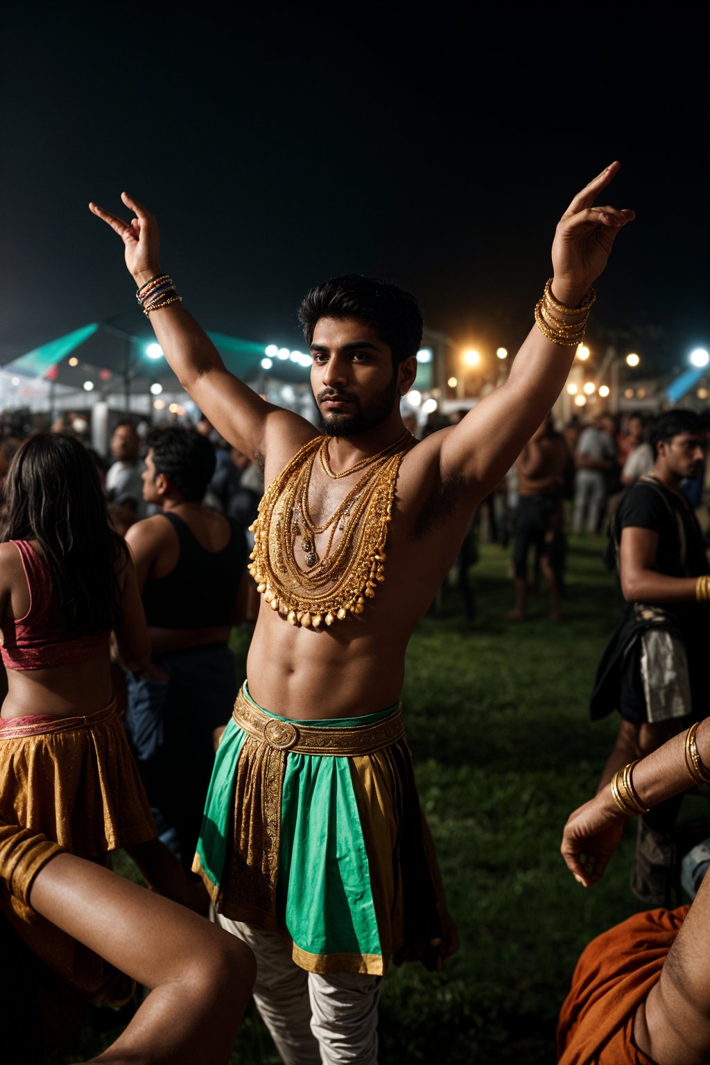 a man in a festival-inspired outfit, dancing with  a crowd of fellow festival-goers, capturing the energetic and lively atmosphere