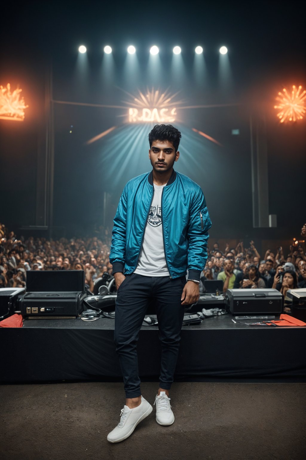 a man in  a cool bomber jacket and sneakers, striking a pose in front of a stage backdrop, capturing the excitement of a music festival