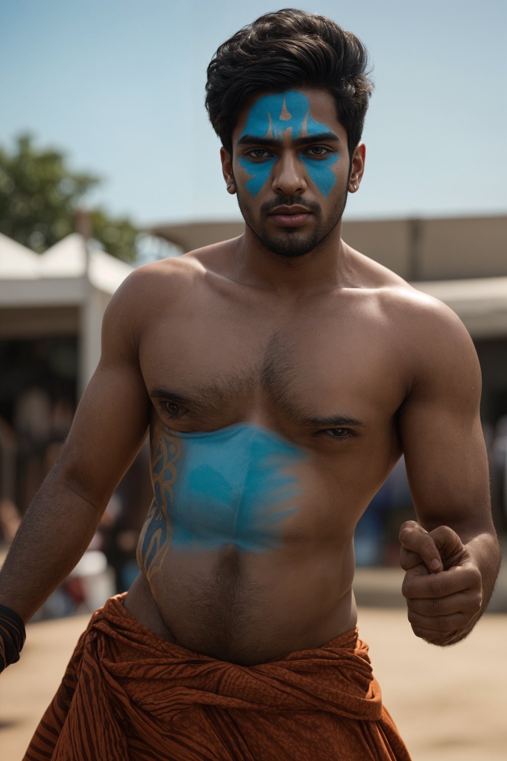 a man enjoying a live performance on a sunny day, with  a bold face paint design, radiating the joy and excitement of the festival