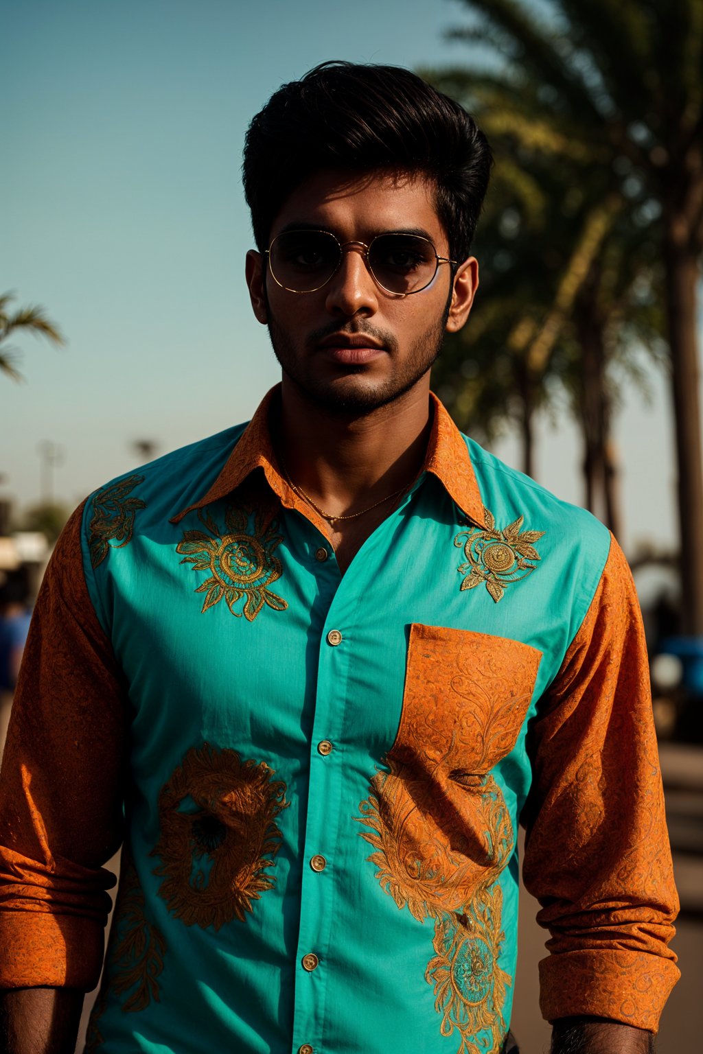 a stunning man in  a vibrant button-up shirt and funky sunglasses, capturing their eclectic and fashionable festival look