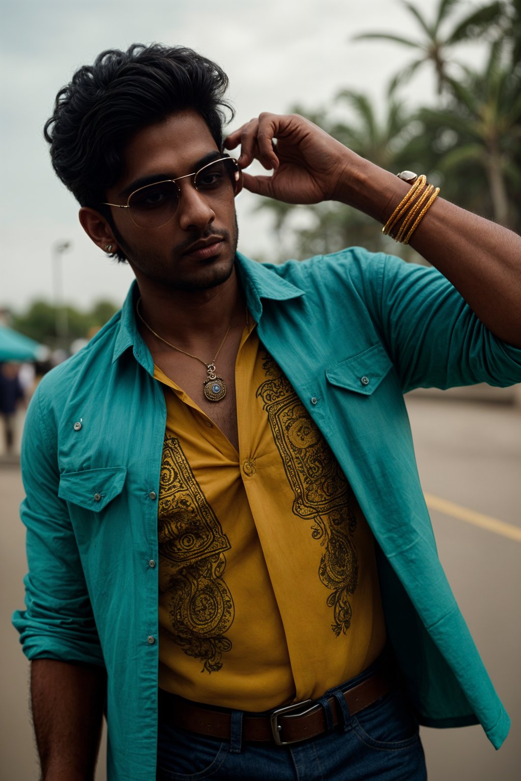 a stunning man in  a vibrant button-up shirt and funky sunglasses, capturing their eclectic and fashionable festival look