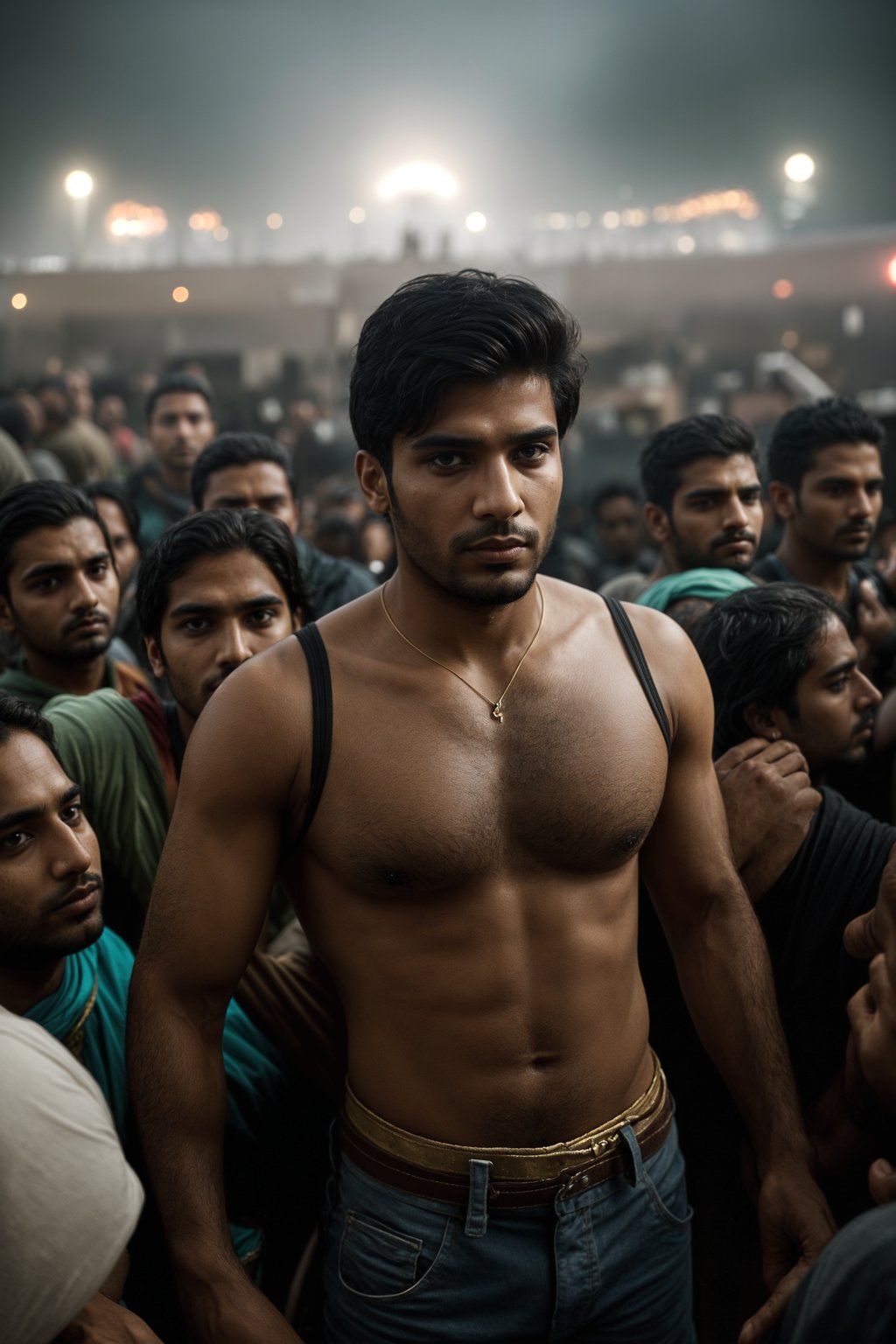 a stunning man surrounded by  a crowd of fellow festival-goers, capturing the sense of community and celebration at the festival