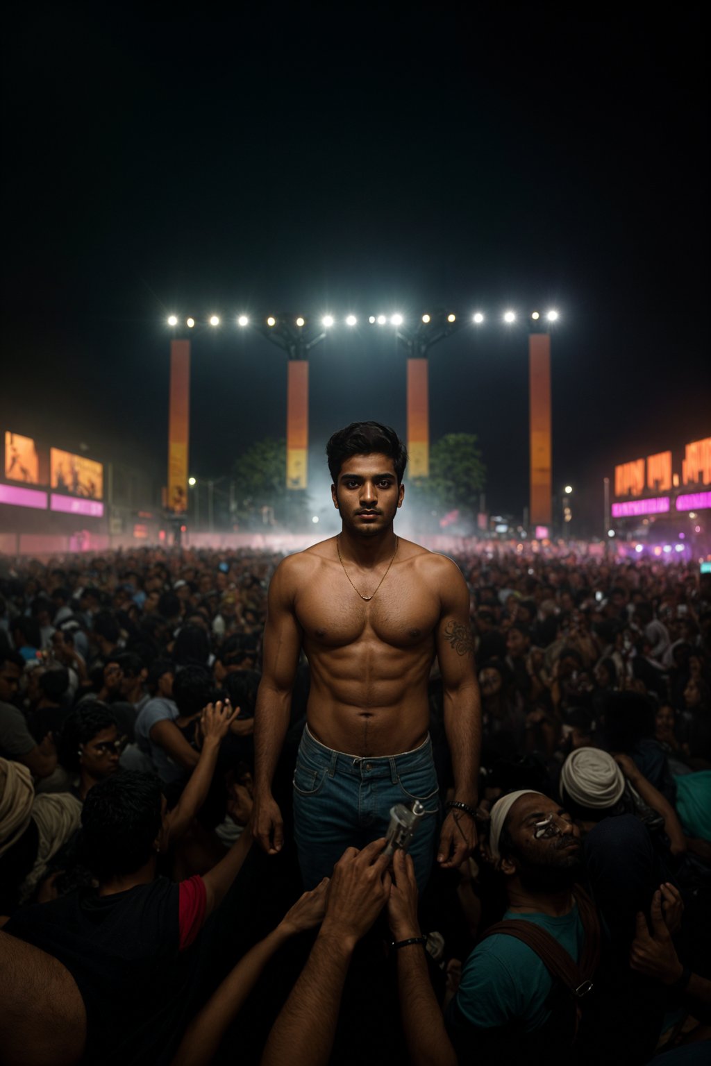 a stunning man surrounded by  a crowd of fellow festival-goers, capturing the sense of community and celebration at the festival