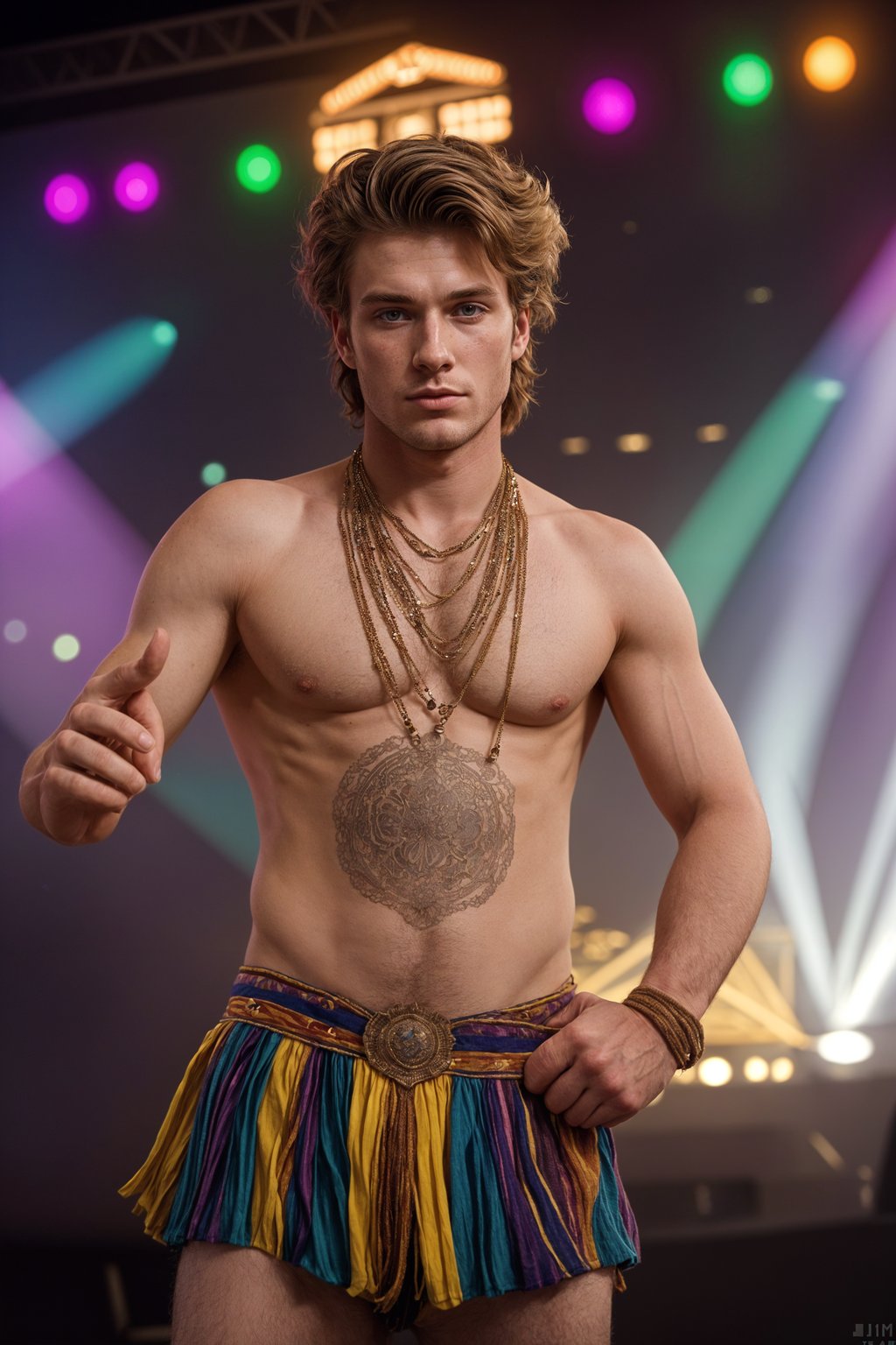 an incredibly attractive man in a festival outfit, embracing the festival vibes and posing against a backdrop of colorful stage lights and decorations