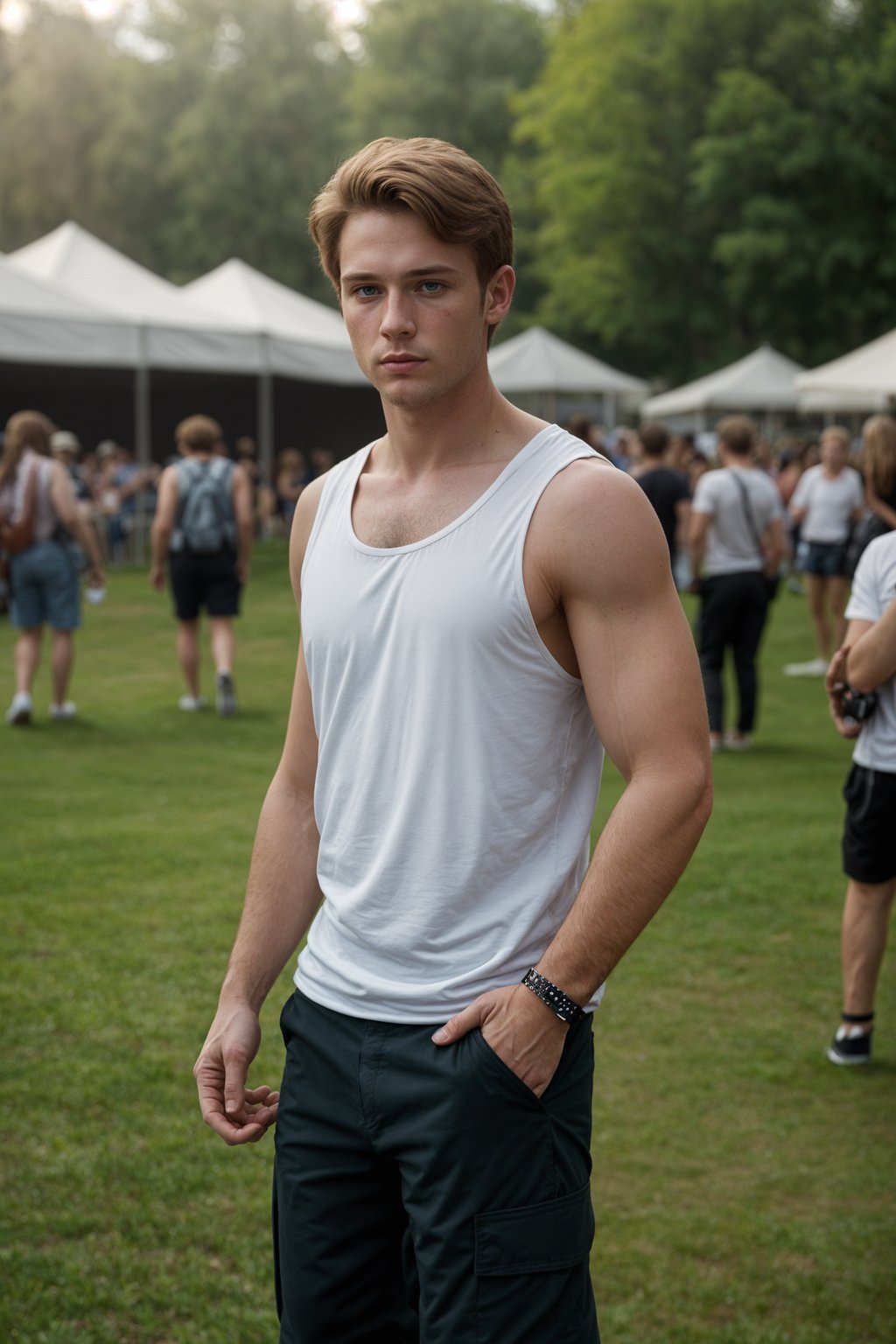 a man in  a sleeveless shirt and cargo pants, embodying the free-spirited and carefree nature of a music festival