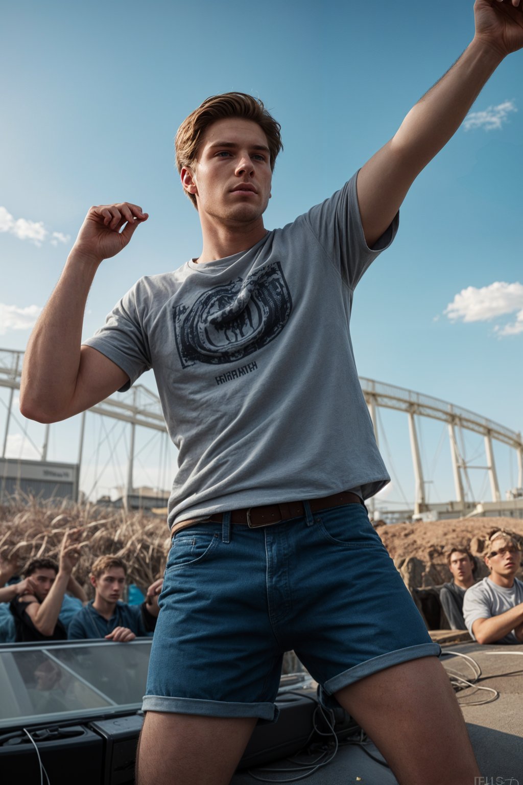 a man enjoying the live music on a sunny day, surrounded by  energetic fans and raising their hands in excitement