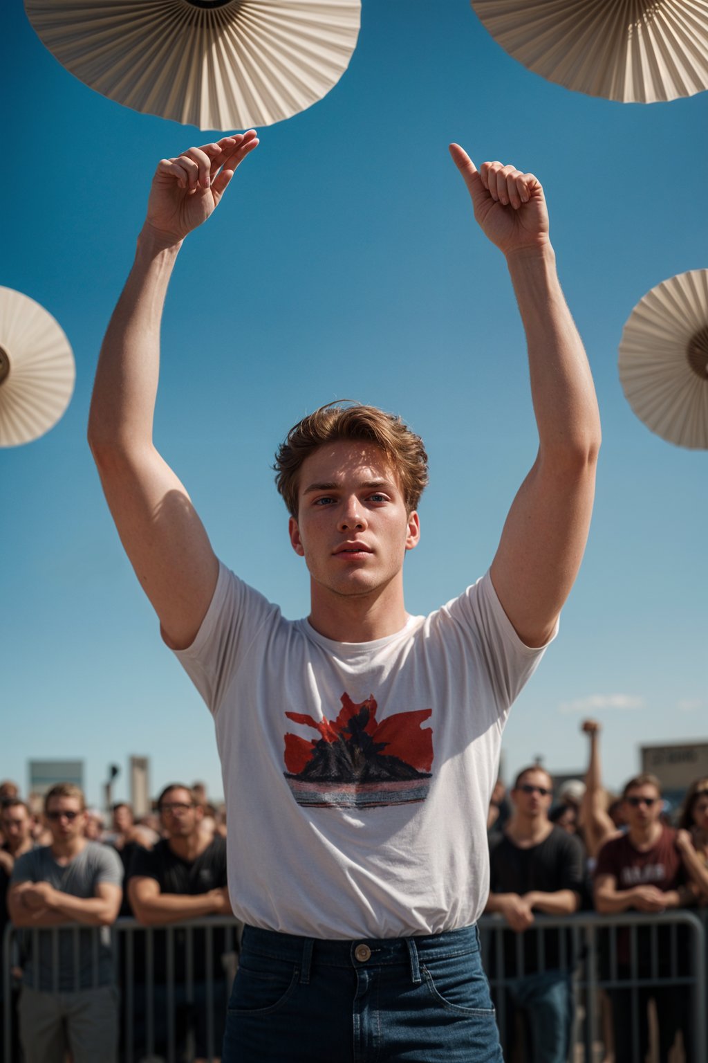 a man enjoying the live music on a sunny day, surrounded by  energetic fans and raising their hands in excitement