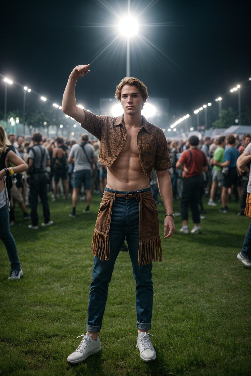 a man in a festival-inspired outfit, dancing with  a crowd of fellow festival-goers, capturing the energetic and lively atmosphere