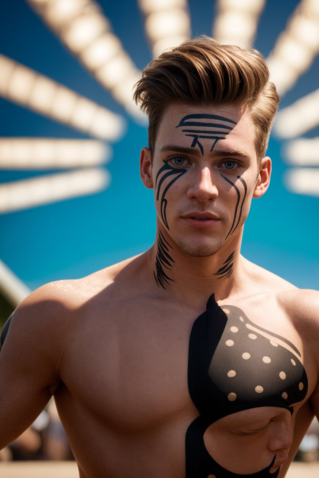 a man enjoying a live performance on a sunny day, with  a bold face paint design, radiating the joy and excitement of the festival