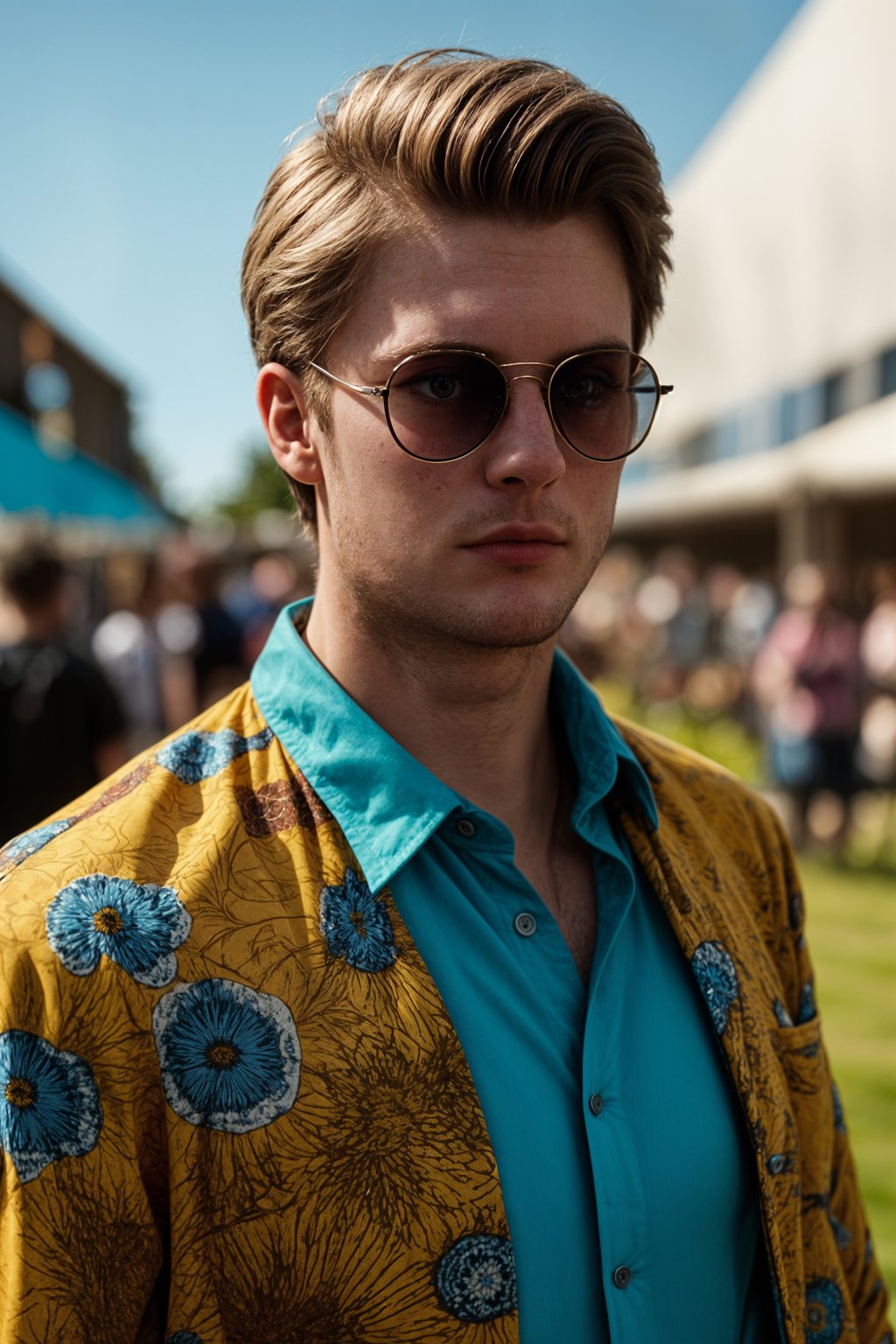 a stunning man in  a vibrant button-up shirt and funky sunglasses, capturing their eclectic and fashionable festival look