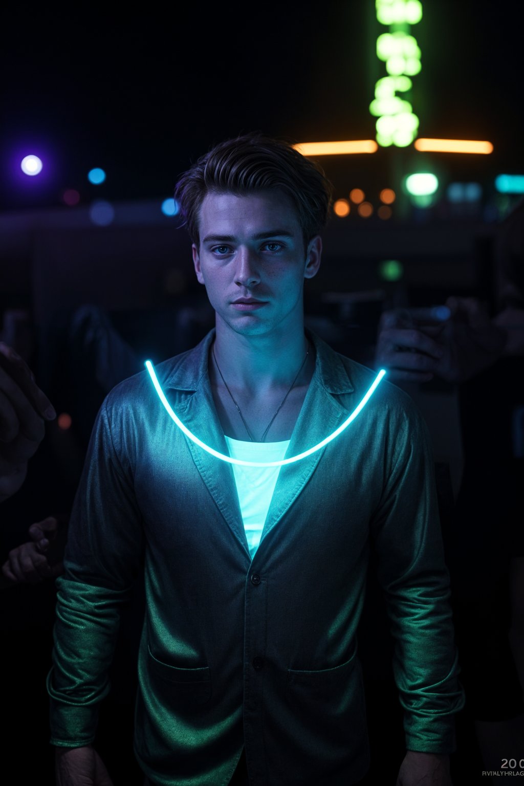 a man with  glowing LED accessories, standing out in the crowd and embracing the festival's vibrant atmosphere