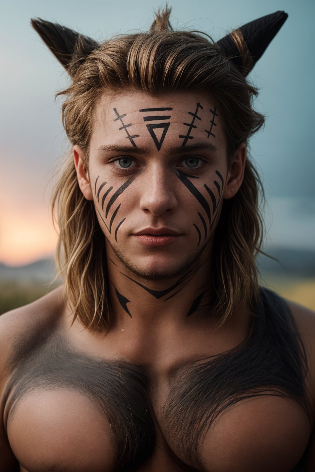 a man with  a tribal face paint design, adding an element of tribal and cultural inspiration to their festival look