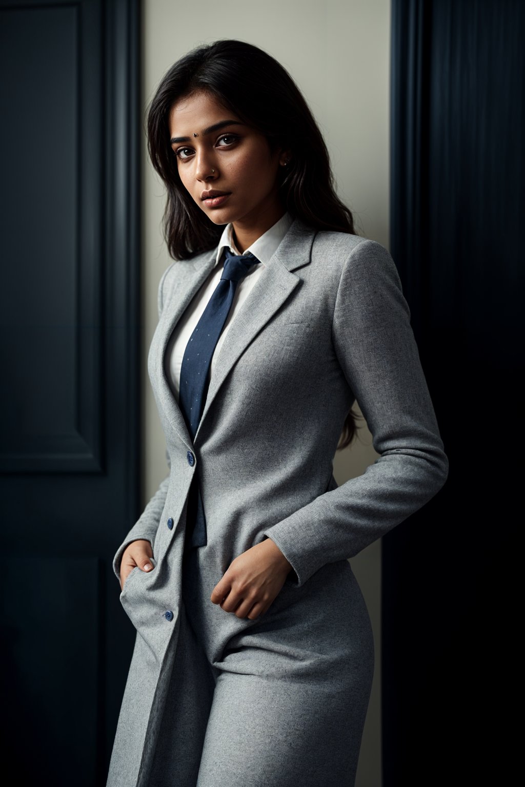 woman wearing a classic navy blue suit with a crisp white dress shirt and a patterned tie