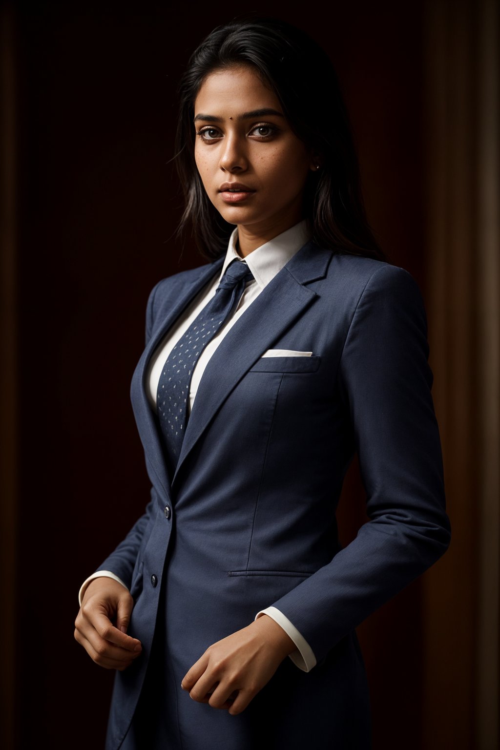 woman wearing a classic navy blue suit with a crisp white dress shirt and a patterned tie