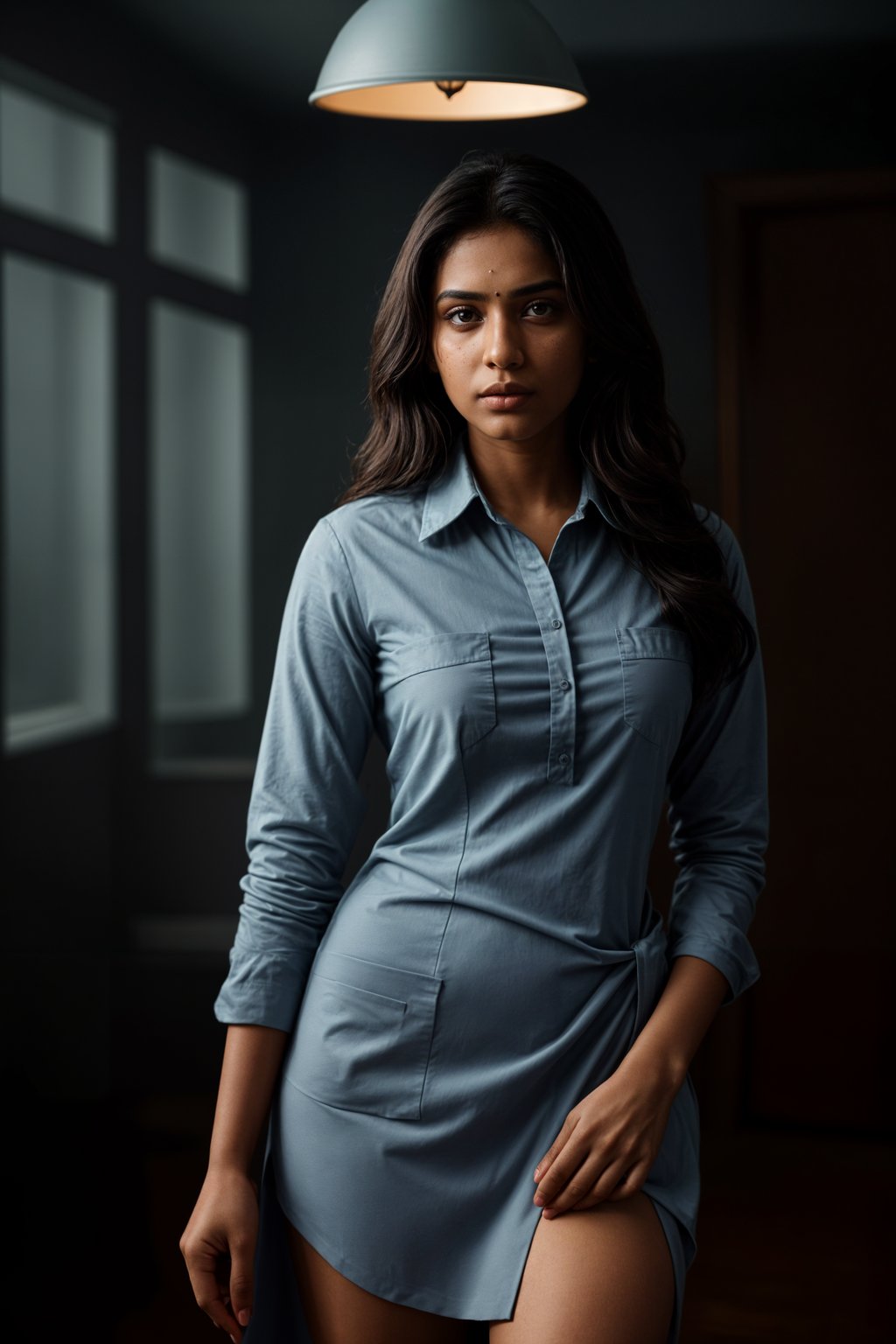 woman showcasing a modern slim-fit charcoal with a light blue dress shirt and a contrasting pocket square