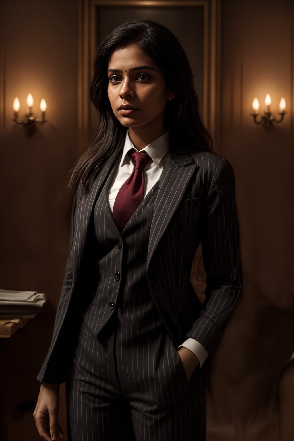 woman trying on a sophisticated pinstripe suit with a waistcoat and a burgundy tie