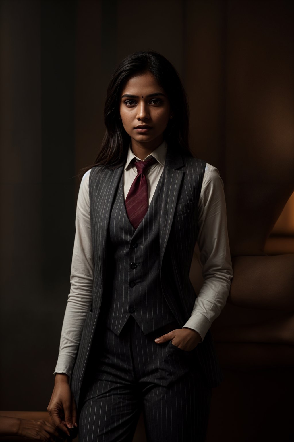 woman trying on a sophisticated pinstripe suit with a waistcoat and a burgundy tie