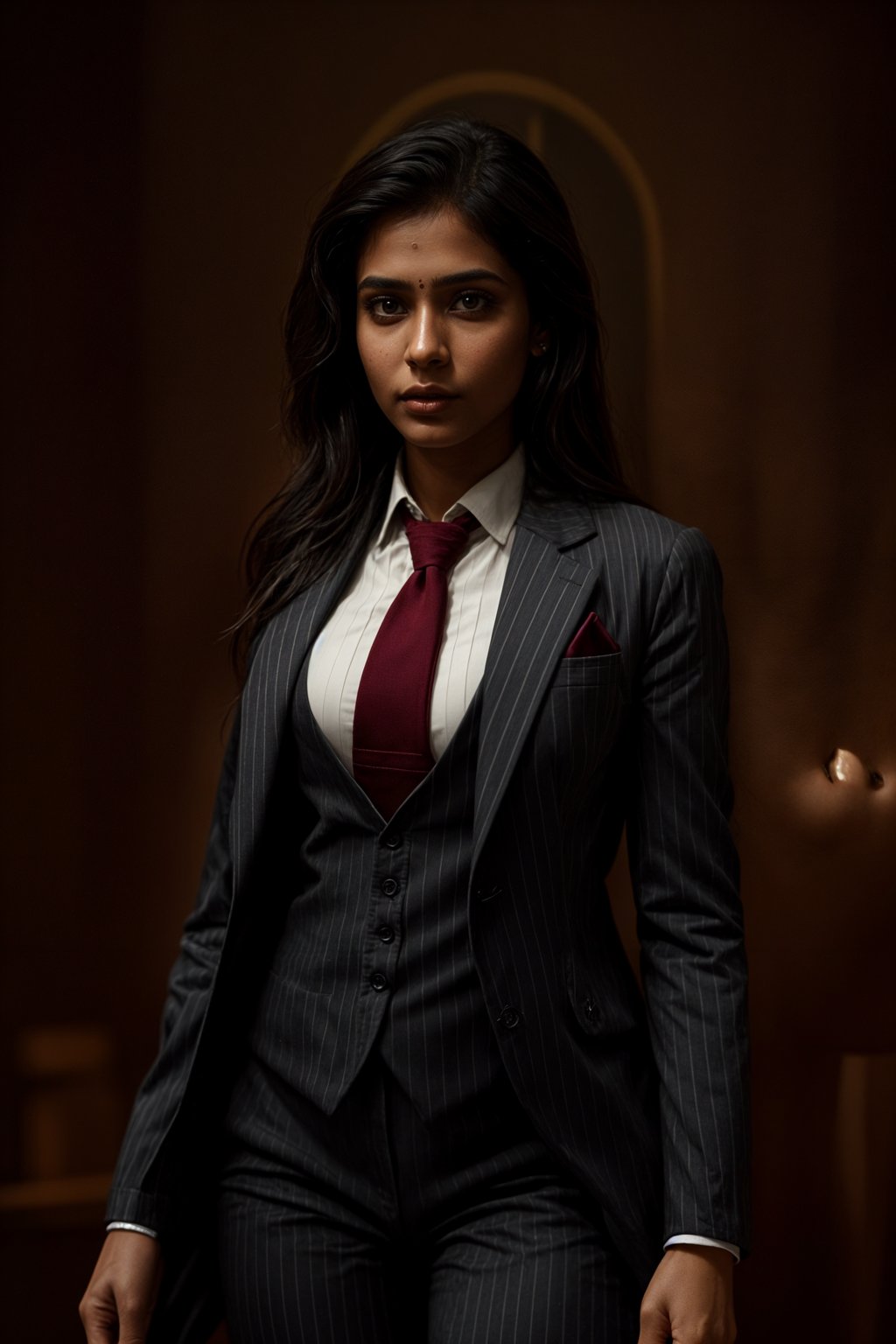 woman trying on a sophisticated pinstripe suit with a waistcoat and a burgundy tie