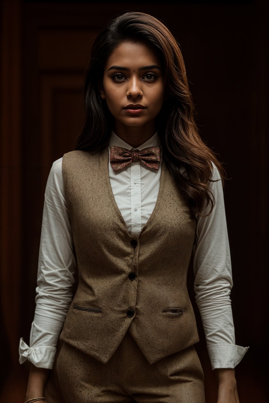 woman wearing a trendy tweed suit with a patterned bow tie and a contrasting vest