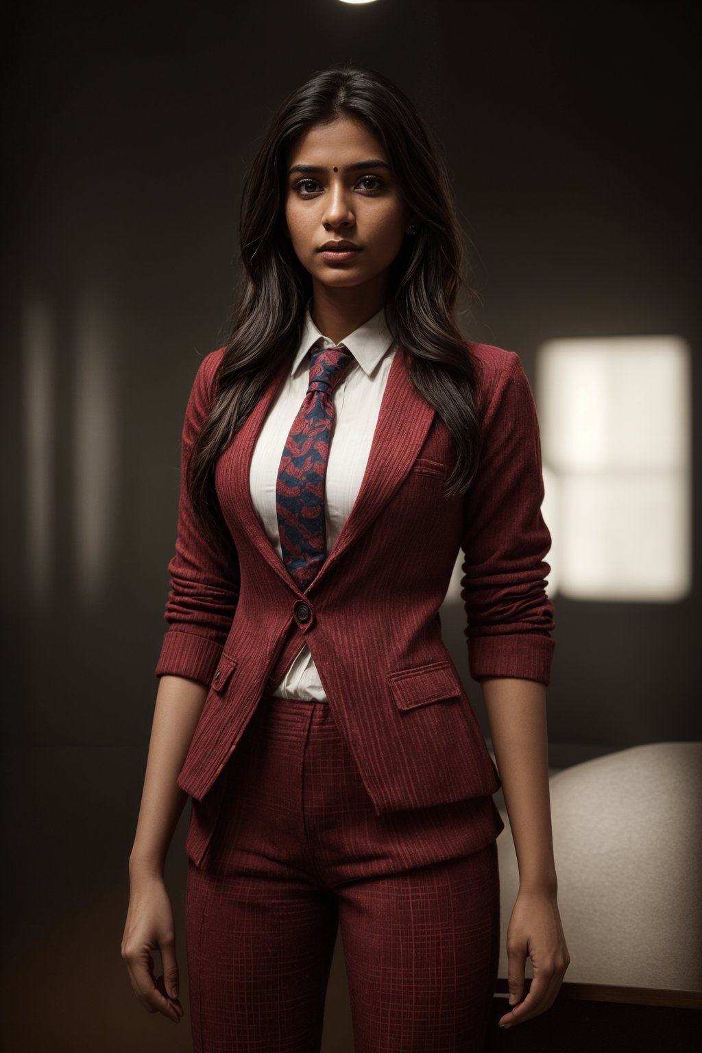 woman showcasing a dappersuit in a bold plaid pattern with a solid-colored shirt and a knitted tie