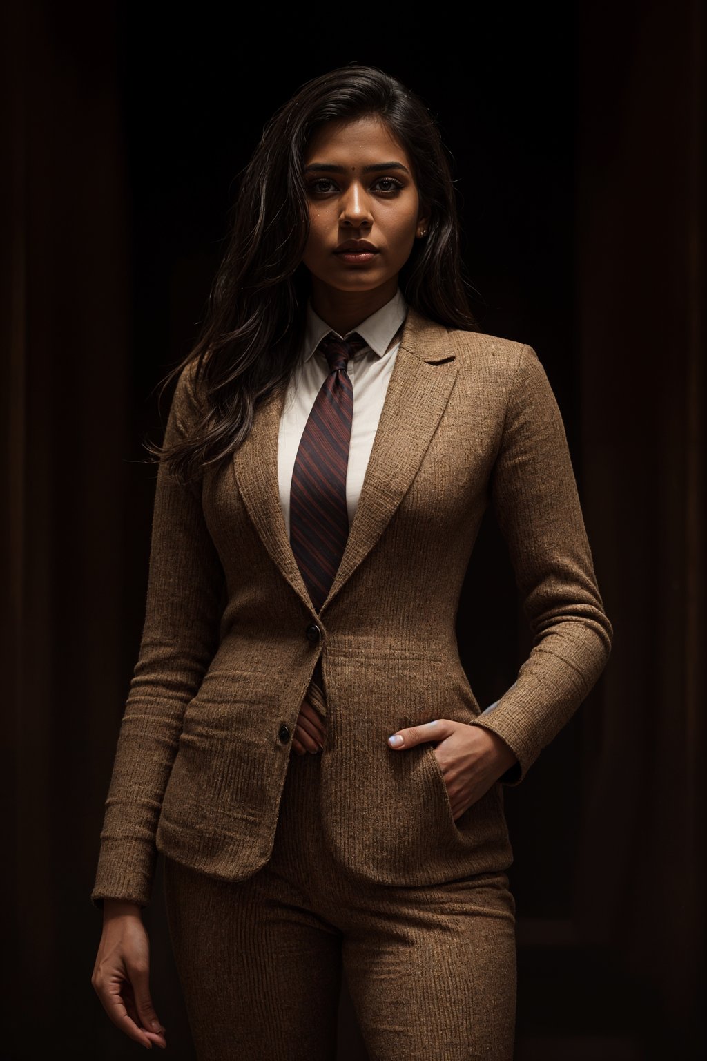 woman showcasing a dappersuit in a bold plaid pattern with a solid-colored shirt and a knitted tie