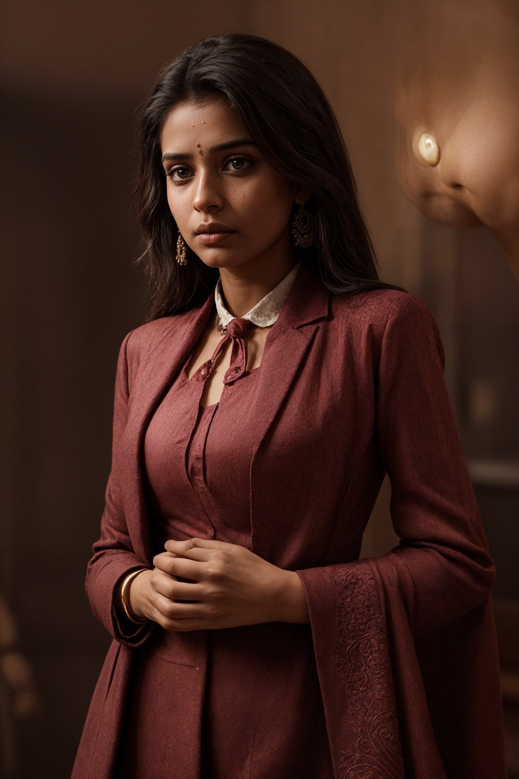 woman trying on a stylish three-piece suit in a rich burgundy color with a crisp white shirt and a paisley patterned pocket square