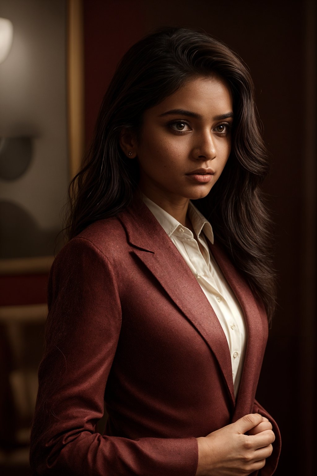 woman trying on a stylish three-piece suit in a rich burgundy color with a crisp white shirt and a paisley patterned pocket square