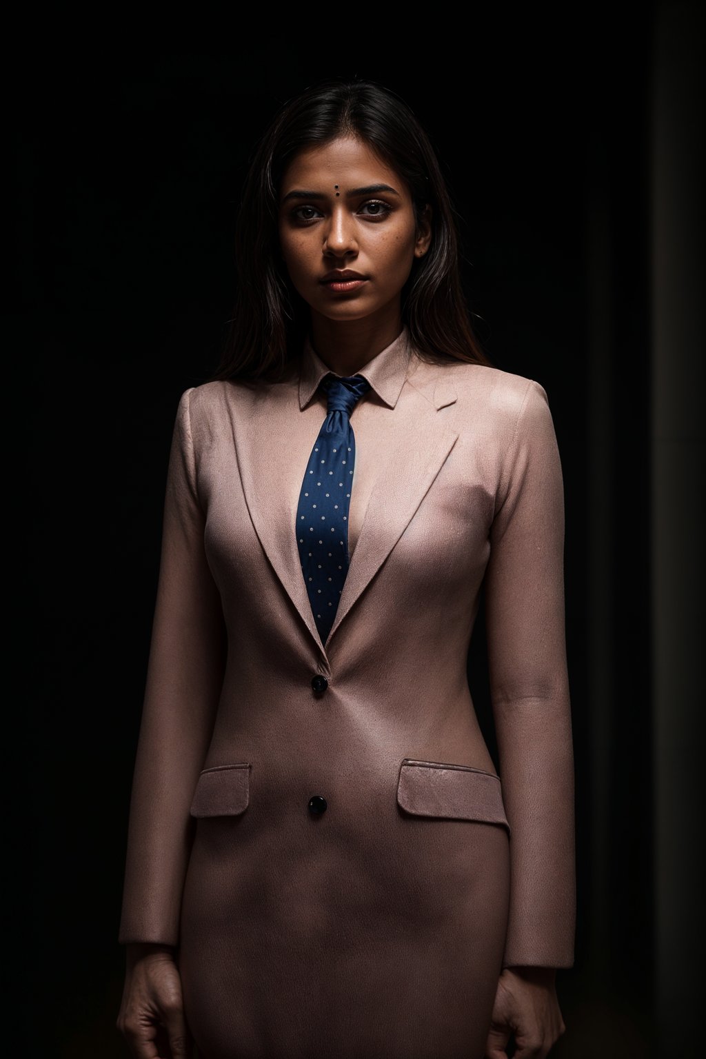 woman wearing a classic navy herringbone suit with a light pink dress shirt and a polka dot tie