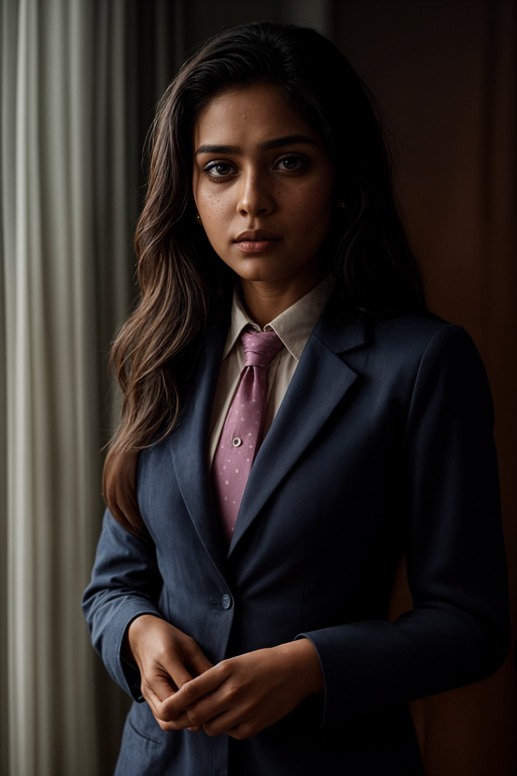 woman wearing a classic navy herringbone suit with a light pink dress shirt and a polka dot tie