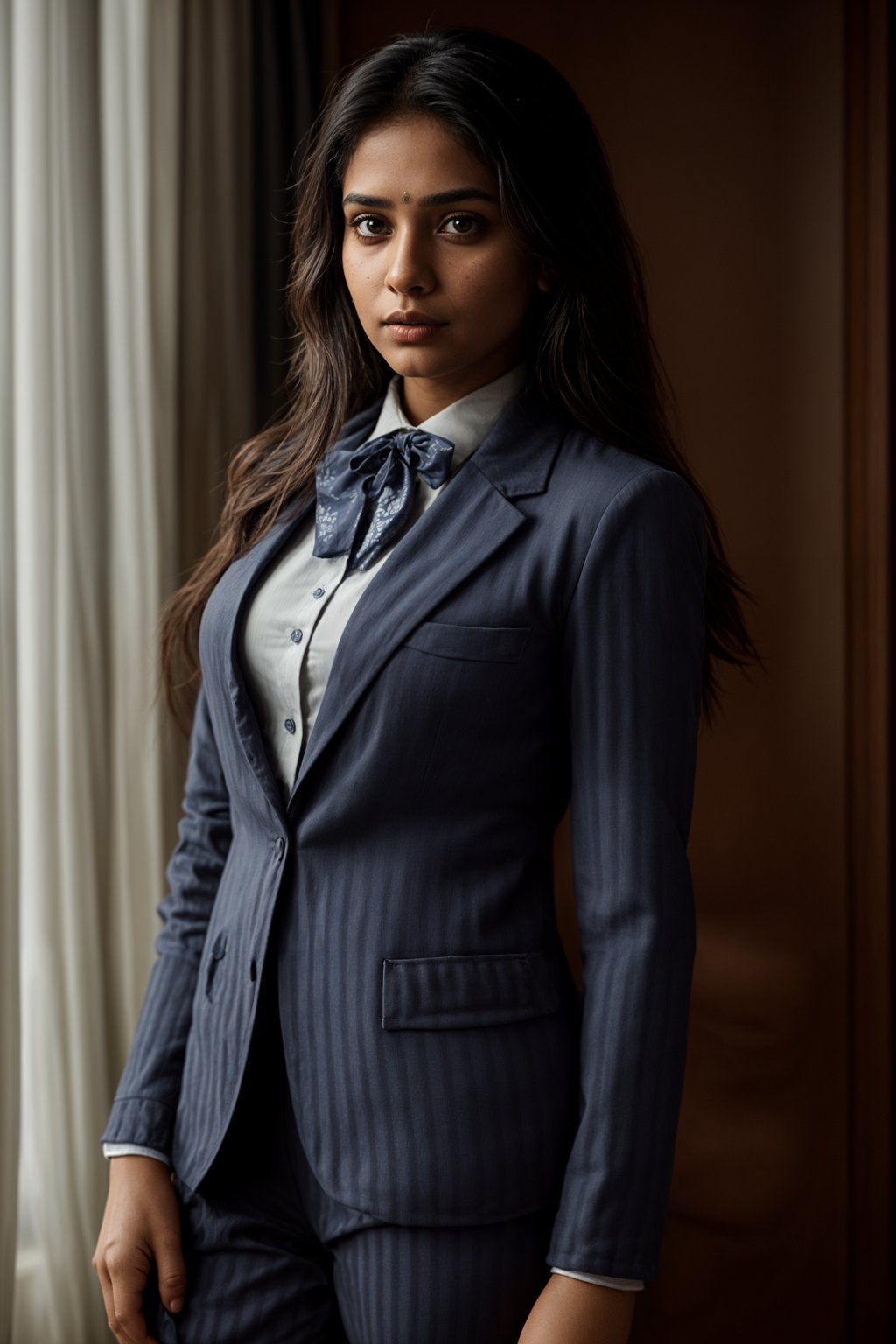 woman showcasing a unique windowpane check suit in a navy blue color with a patterned shirt and a contrasting bow tie