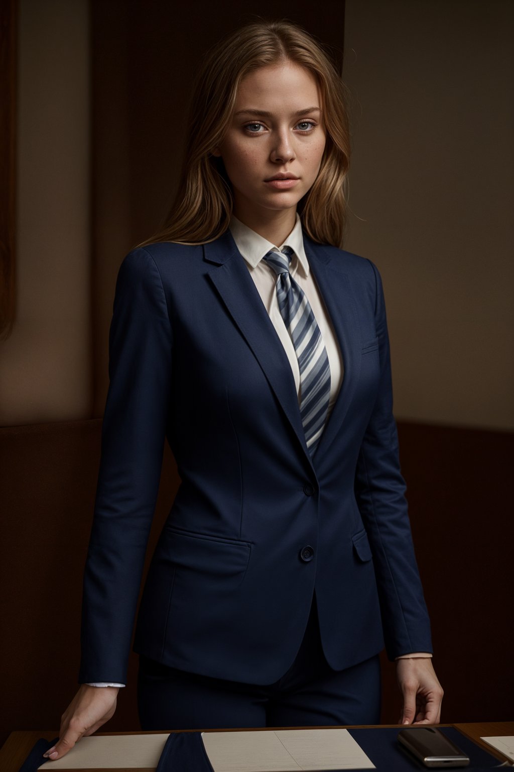 woman wearing a classic navy blue suit with a crisp white dress shirt and a patterned tie