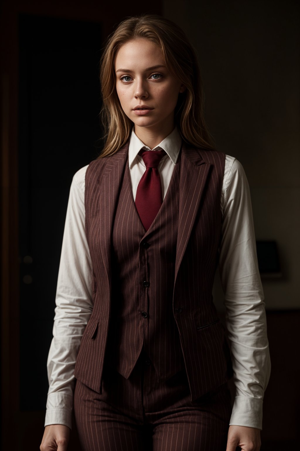 woman trying on a sophisticated pinstripe suit with a waistcoat and a burgundy tie