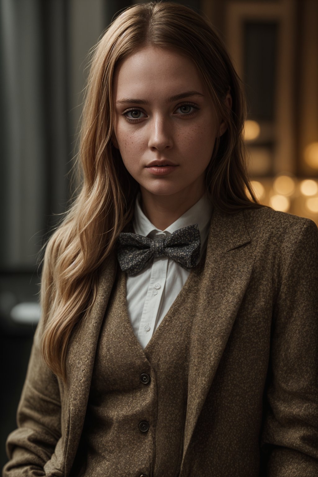 woman wearing a trendy tweed suit with a patterned bow tie and a contrasting vest