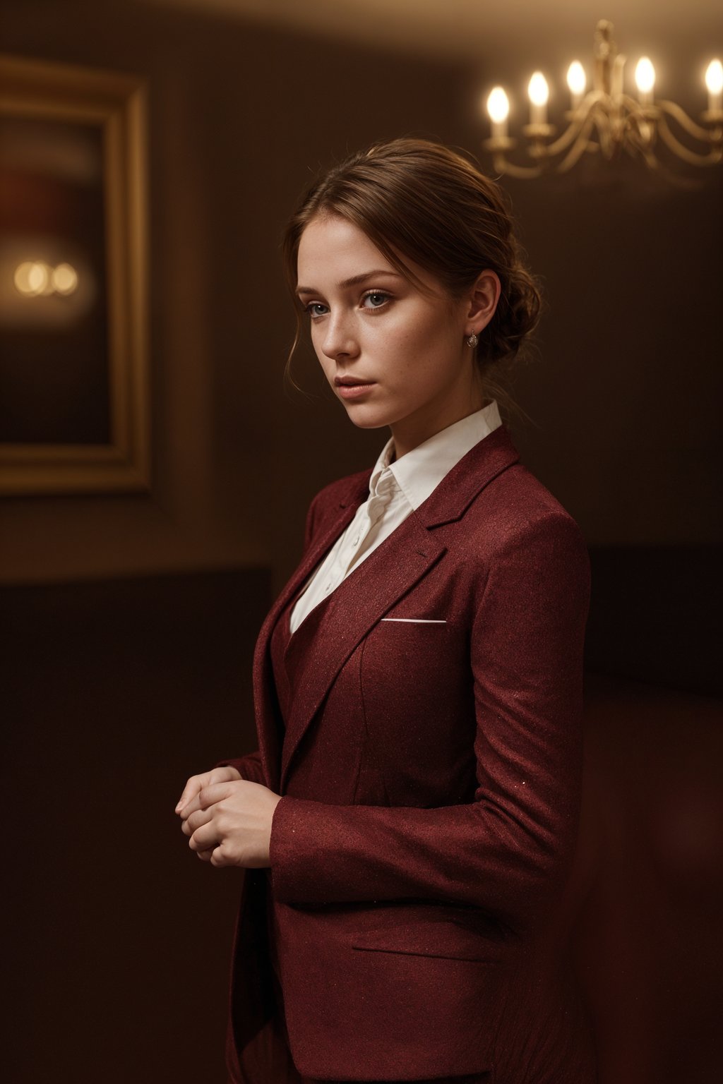 woman trying on a stylish three-piece suit in a rich burgundy color with a crisp white shirt and a paisley patterned pocket square