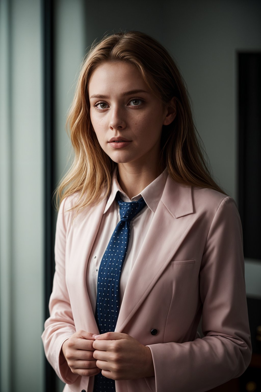 woman wearing a classic navy herringbone suit with a light pink dress shirt and a polka dot tie