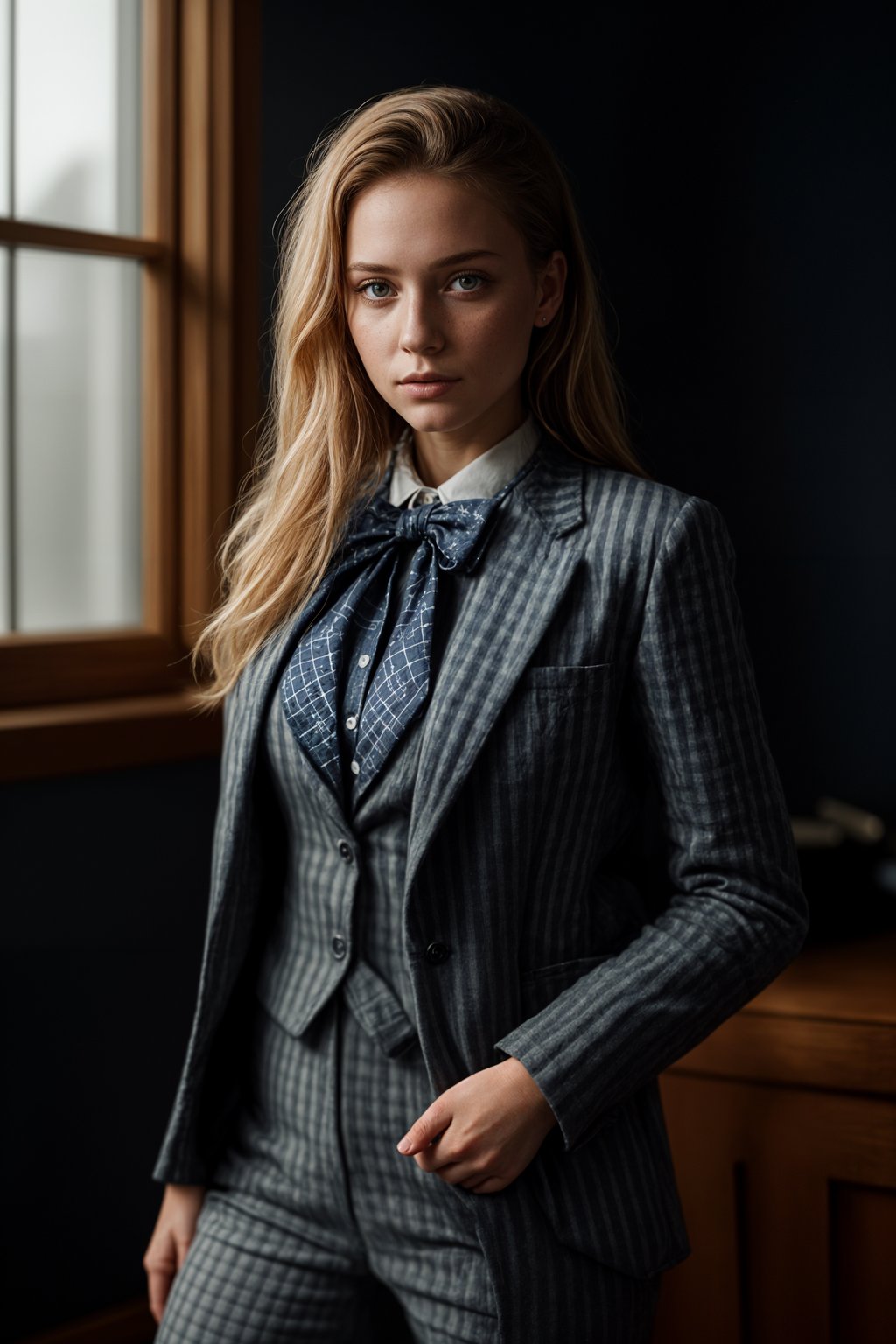 woman showcasing a unique windowpane check suit in a navy blue color with a patterned shirt and a contrasting bow tie