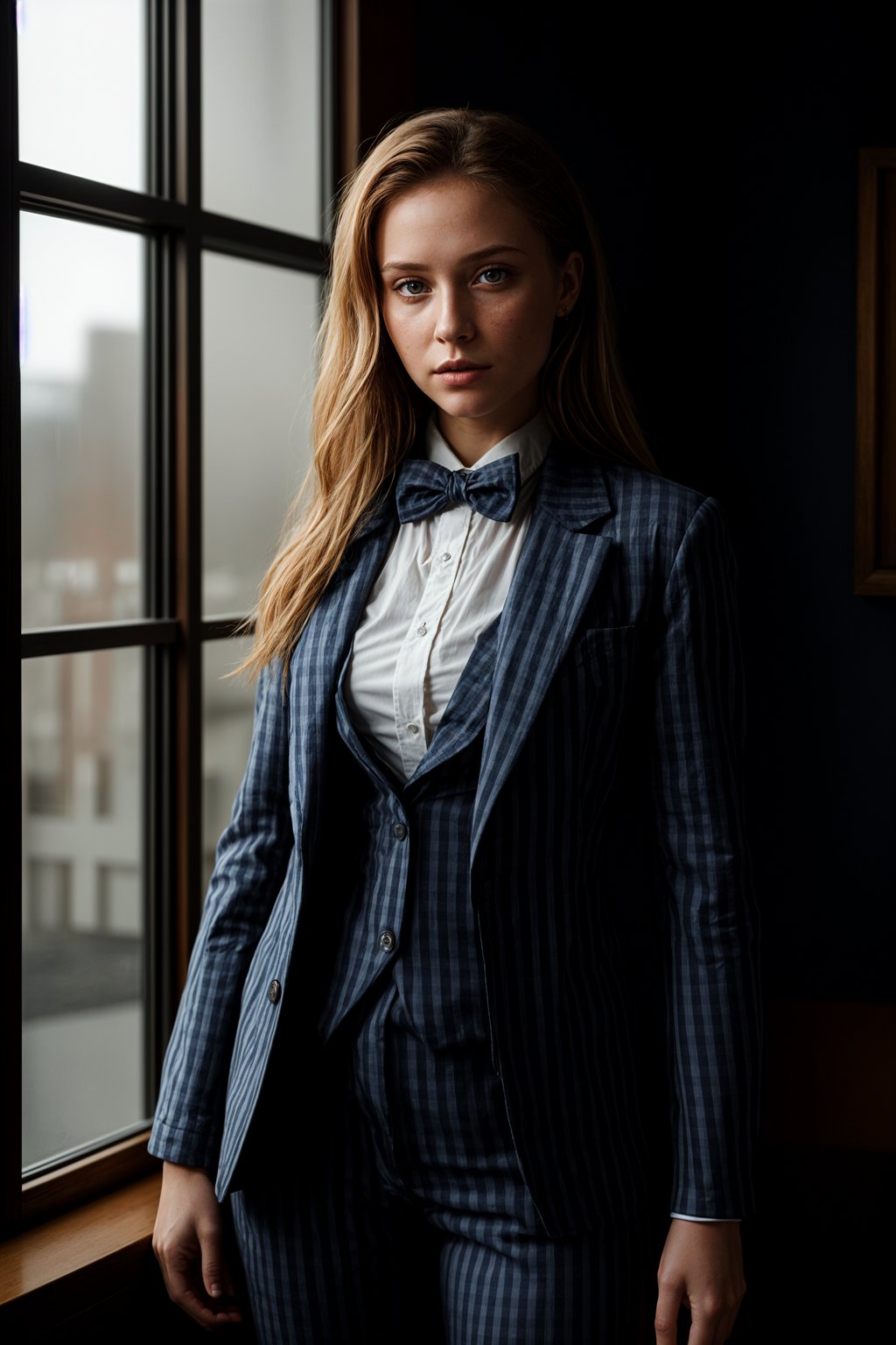 woman showcasing a unique windowpane check suit in a navy blue color with a patterned shirt and a contrasting bow tie