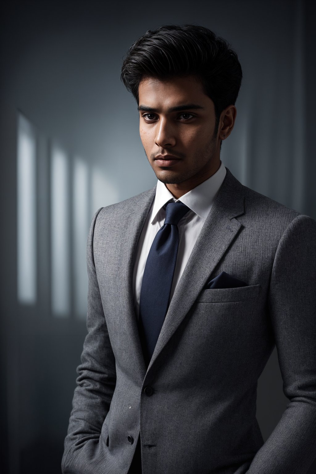 handsome and stylish man wearing a classic navy blue suit with a crisp white dress shirt and a patterned tie