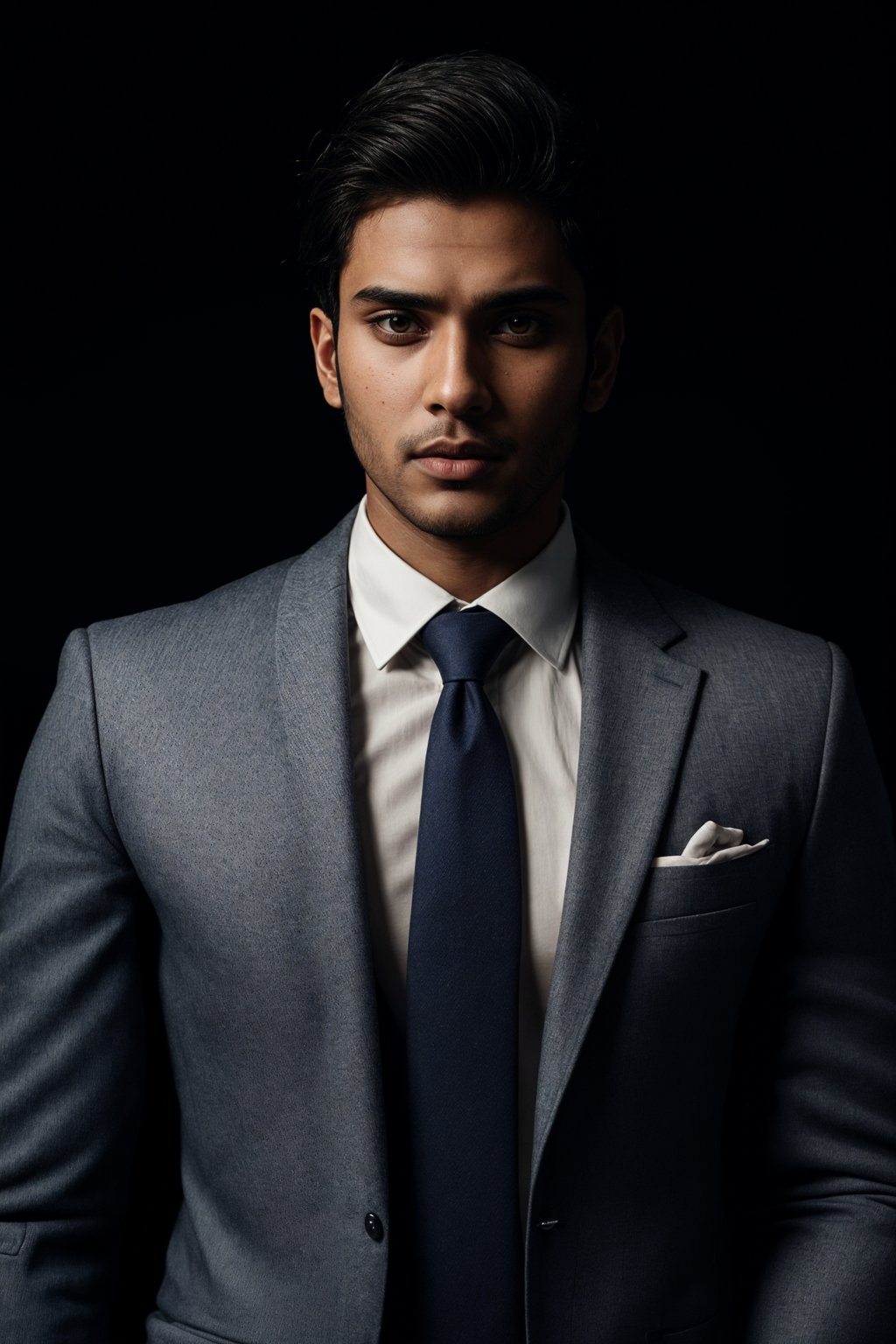 handsome and stylish man wearing a classic navy blue suit with a crisp white dress shirt and a patterned tie