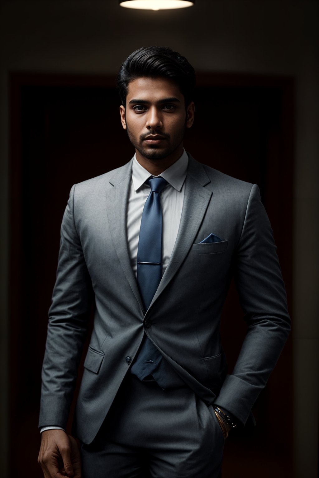 handsome and stylish man showcasing a modern slim-fit charcoal with a light blue dress shirt and a contrasting pocket square