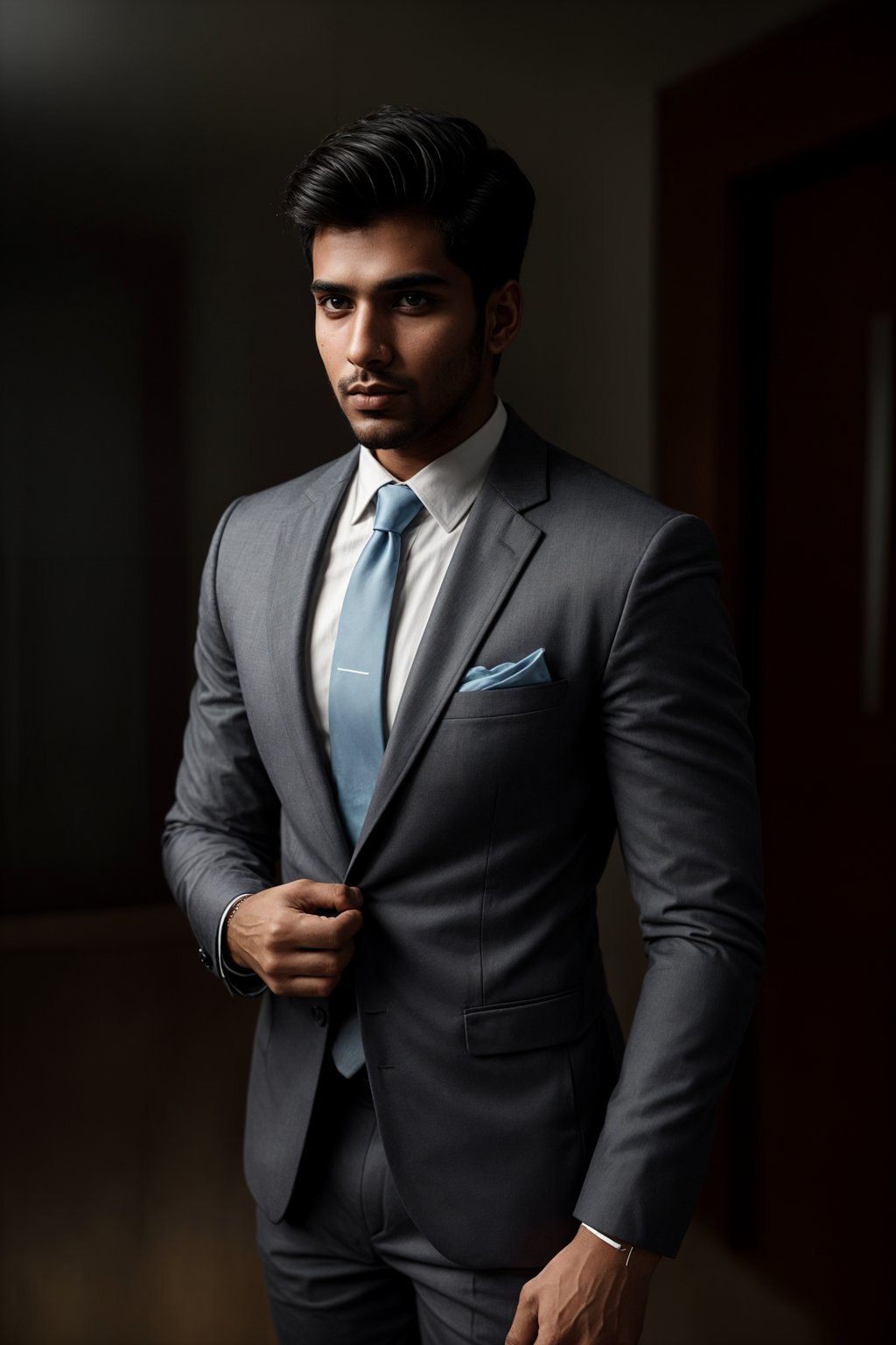 handsome and stylish man showcasing a modern slim-fit charcoal with a light blue dress shirt and a contrasting pocket square