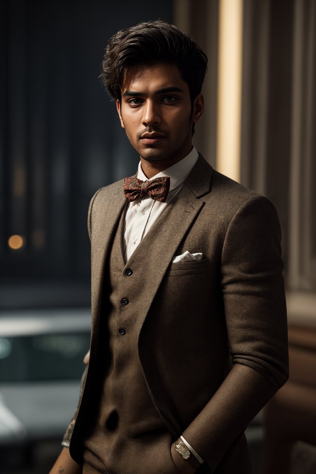 handsome and stylish man wearing a trendy tweed suit with a patterned bow tie and a contrasting vest